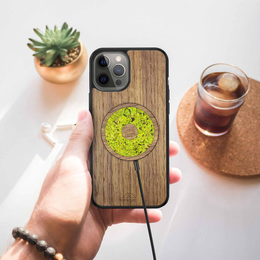 Forest moss wireless charger with American walnut wood case - natural organic MagSafe compatible charging pad