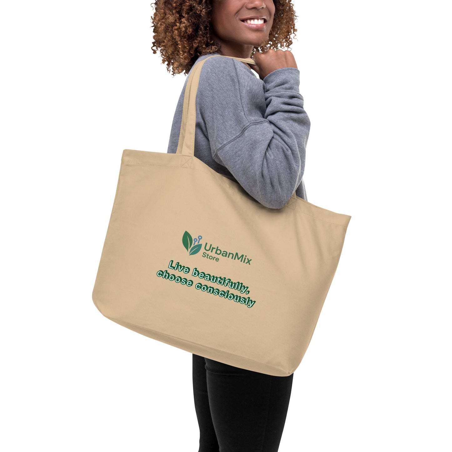 Large beige organic cotton tote bag back lifestyle eco-conscious brand design