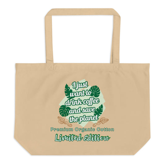 Large organic cotton tote bag beige front coffee lover eco-friendly design