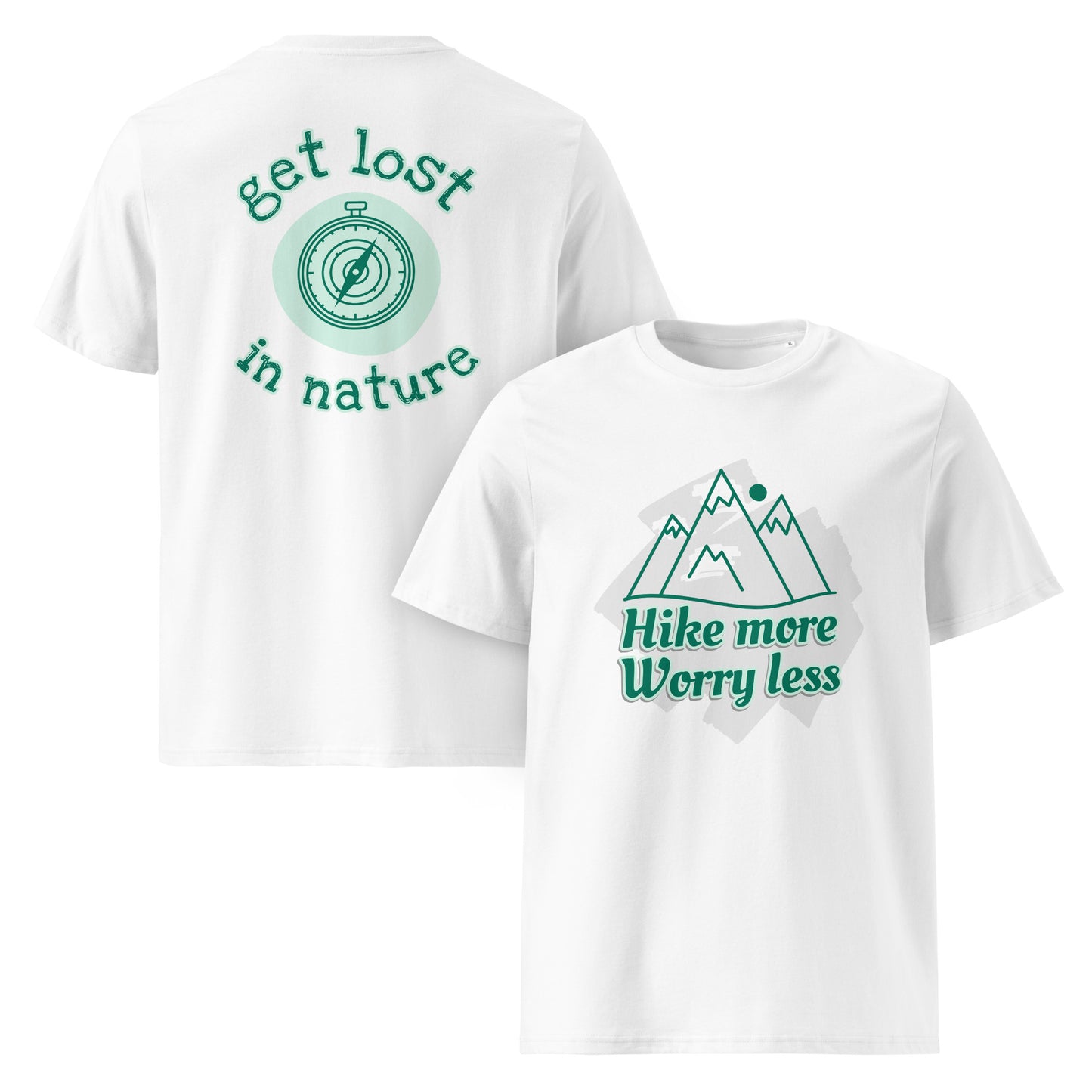 Sustainable hiking t-shirt white front and back hike more get lost clean design