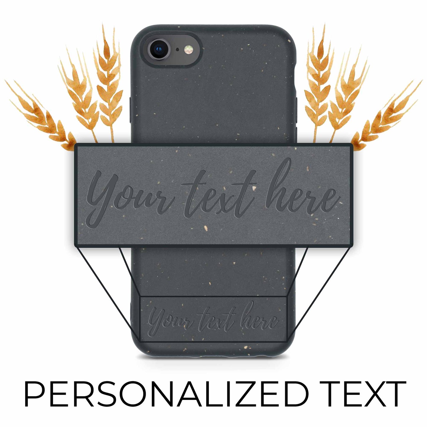 Black biodegradable personalized iPhone case on white background - eco-friendly compostable phone protection