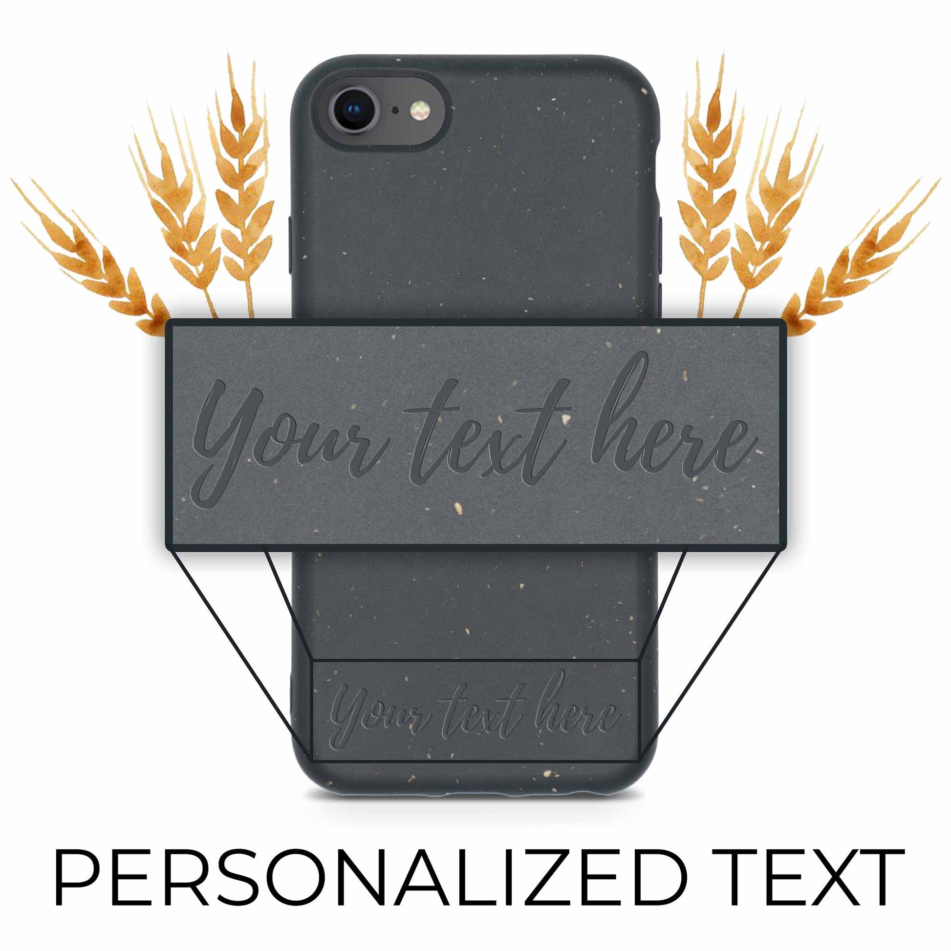 Black biodegradable personalized iPhone case on white background - eco-friendly compostable phone protection