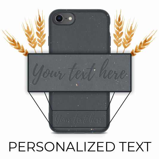 Black biodegradable personalized iPhone case on white background - eco-friendly compostable phone protection