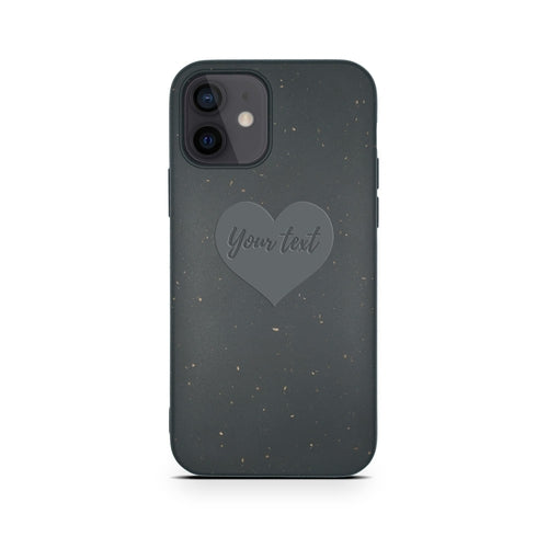 Heart personalized black biodegradable iPhone 12 Mini case detail - romantic eco-friendly compostable protection