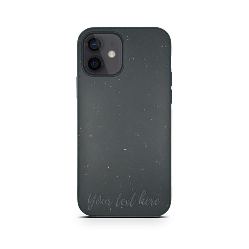 Horizontal personalized black biodegradable iPhone 12 Mini case lifestyle - eco-friendly compostable phone protection