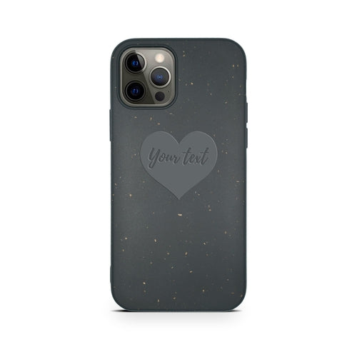 Heart personalized black biodegradable iPhone 12 Pro case detail - romantic eco-friendly compostable protection
