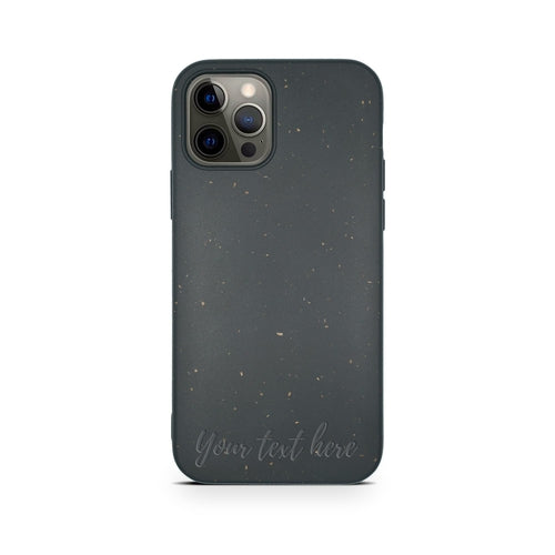 Horizontal personalized black biodegradable iPhone 12 Pro case lifestyle - custom eco-friendly compostable protection