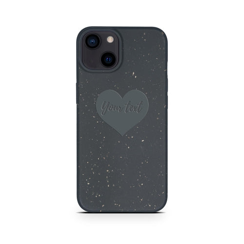 Heart personalized black biodegradable iPhone 13 Mini case detail - romantic eco-friendly compostable protection