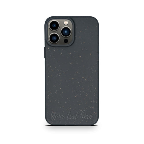 Horizontal personalized black biodegradable iPhone 13 Pro case lifestyle - custom eco-friendly compostable protection