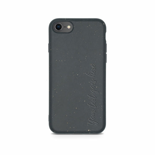 Vertical personalized black biodegradable iPhone 6/6S/7/8/SE case lifestyle - custom eco-friendly compostable cover