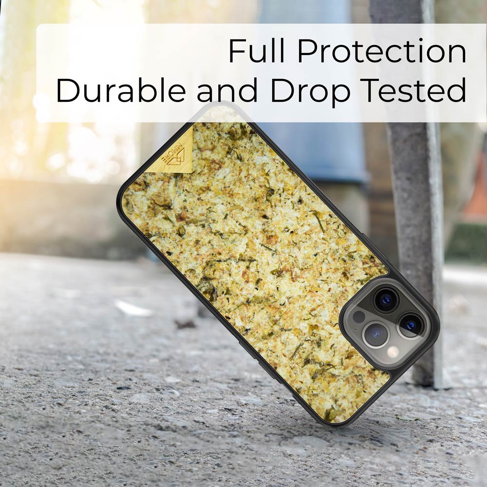 Black organic handmade phone case for iPhone 13 Pro with textured sustainable biodegradable material, full protection design.