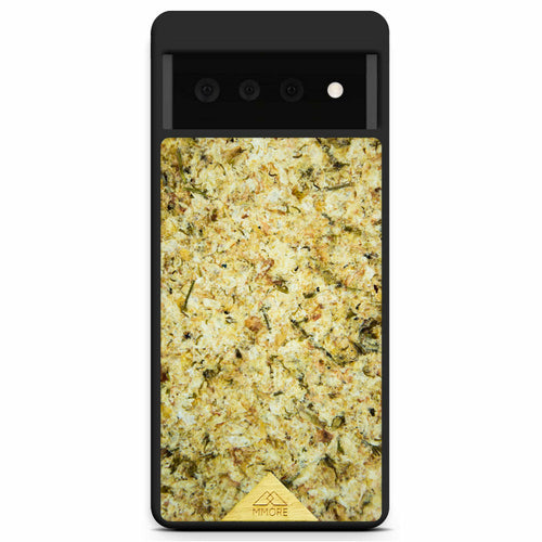 Eco-friendly handmade Organic Case for Google Pixel with textured beige and green natural material panel and black frame,.