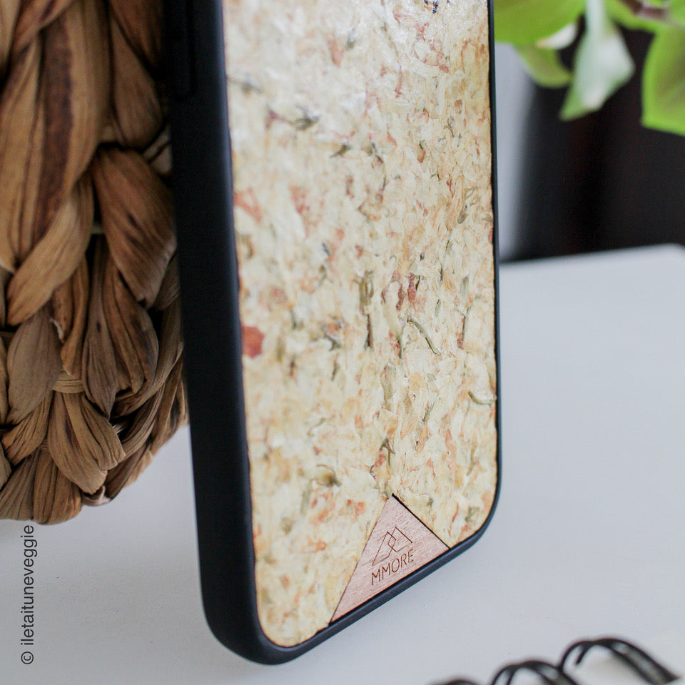 Handmade sustainable Organic Case - Jasmine phone case with beige floral design and black biodegradable edges, compatible.