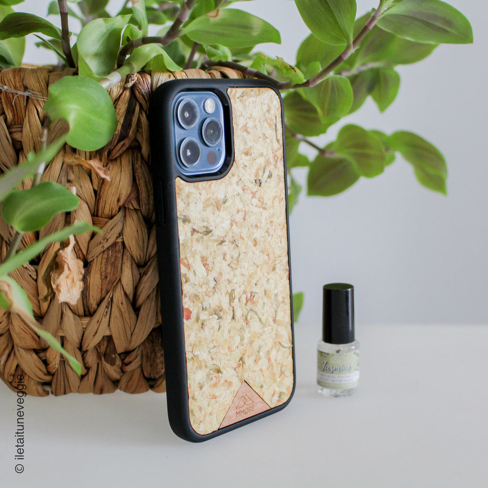 Handmade organic biodegradable phone case with natural jasmine wood finish and black edges, compatible with multiple phone.
