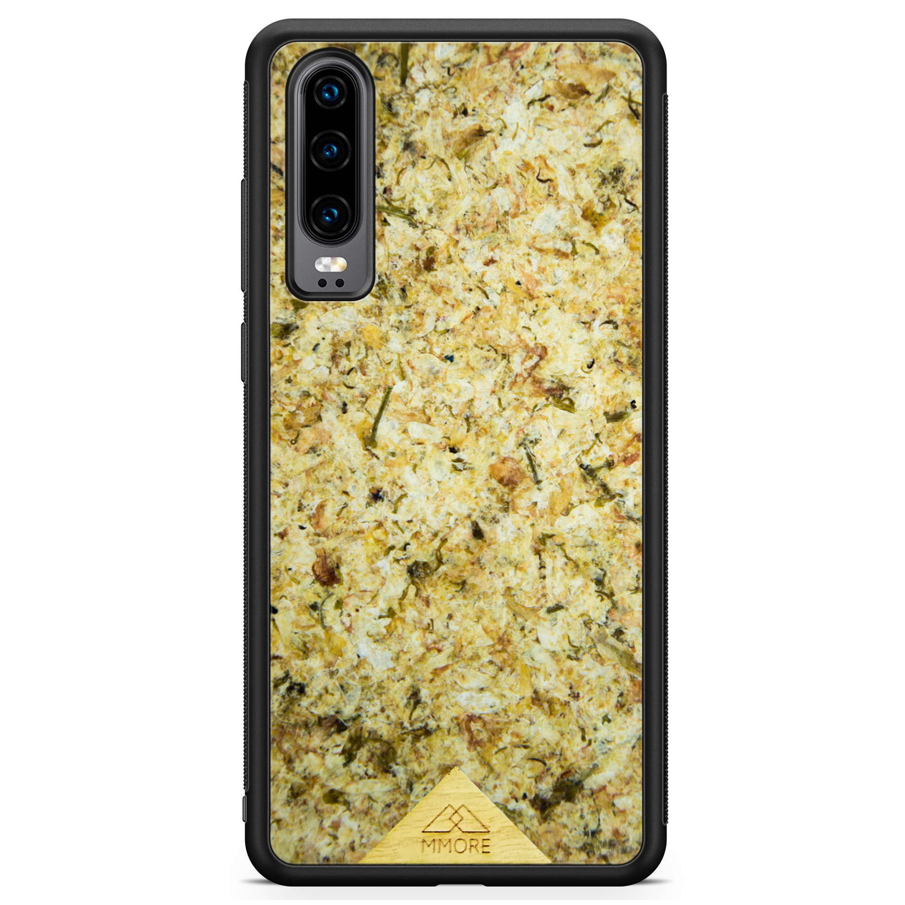 Eco-friendly handmade biodegradable phone case with organic jasmine petal design, black edges, compatible with Huawei P20.