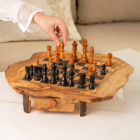 Handmade Tunisian Olive Wood Chess Set with Drawers and Wonky Legs biodegradable eco friendly phone case