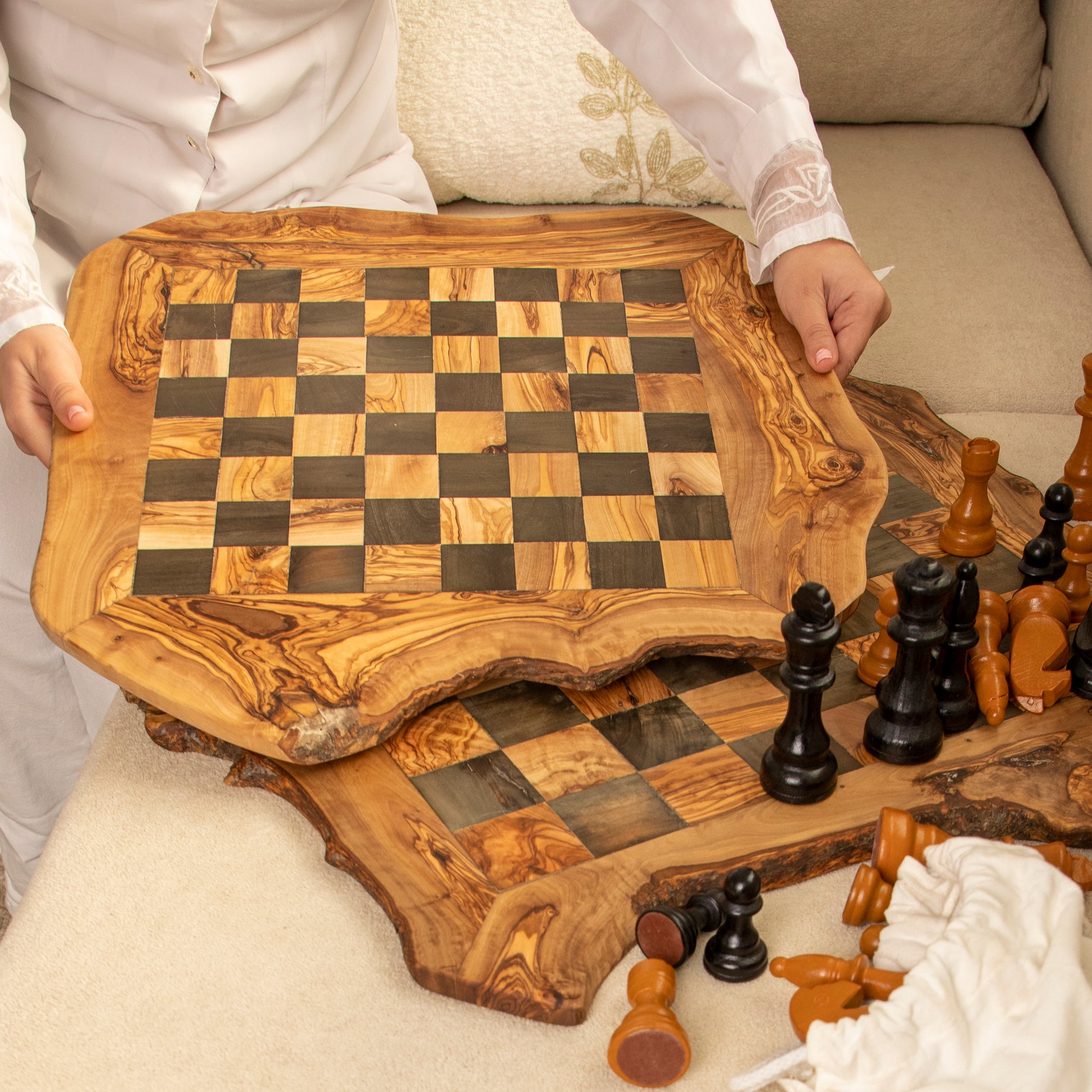Handmade Olive Wood Chess Set with a Rustic Wobbly Board biodegradable eco friendly phone case
