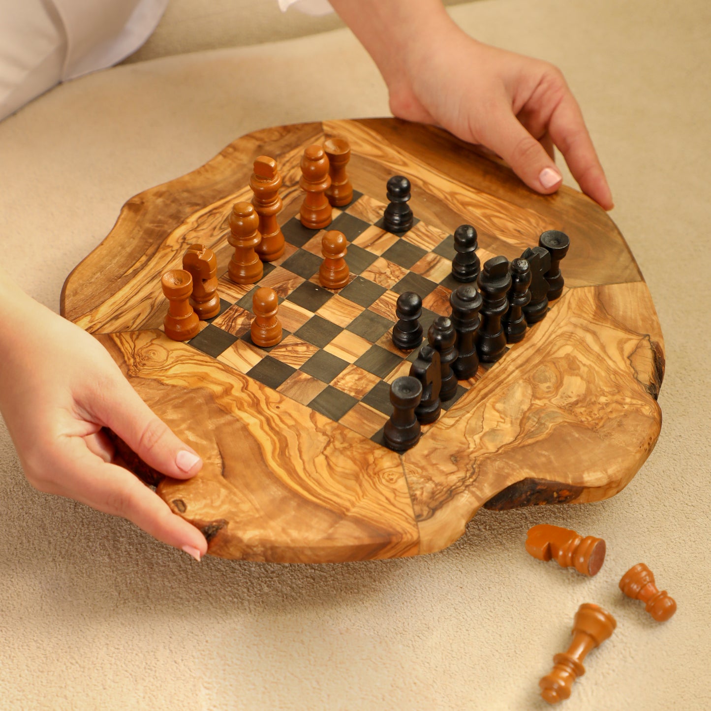 Handmade Olive Wood Chess Set with a Rustic Wobbly Board biodegradable eco friendly phone case