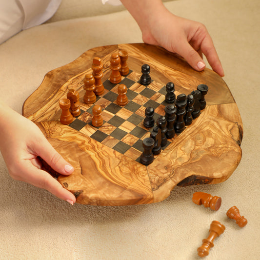 Handmade Olive Wood Chess Set with a Rustic Wobbly Board biodegradable eco friendly phone case