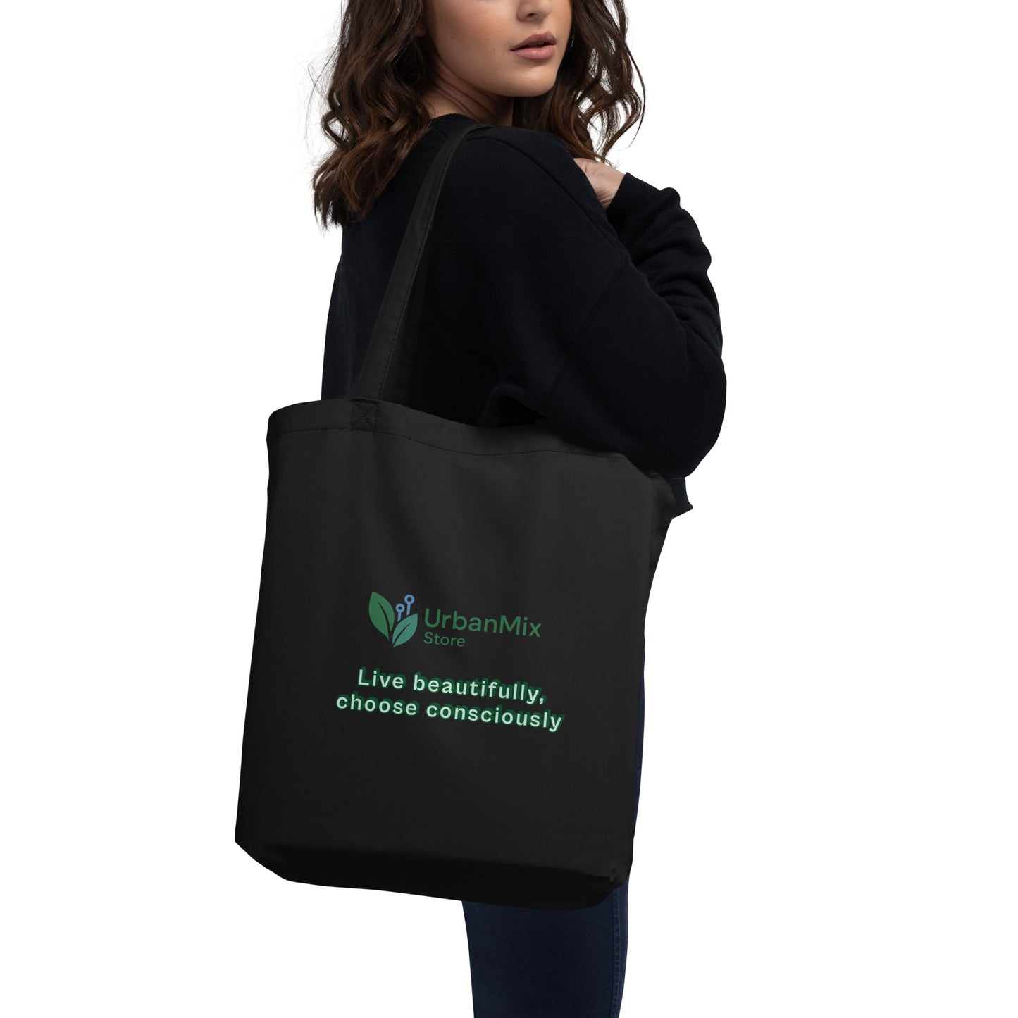 Black eco tote bag back sustainable message organic cotton premium quality
