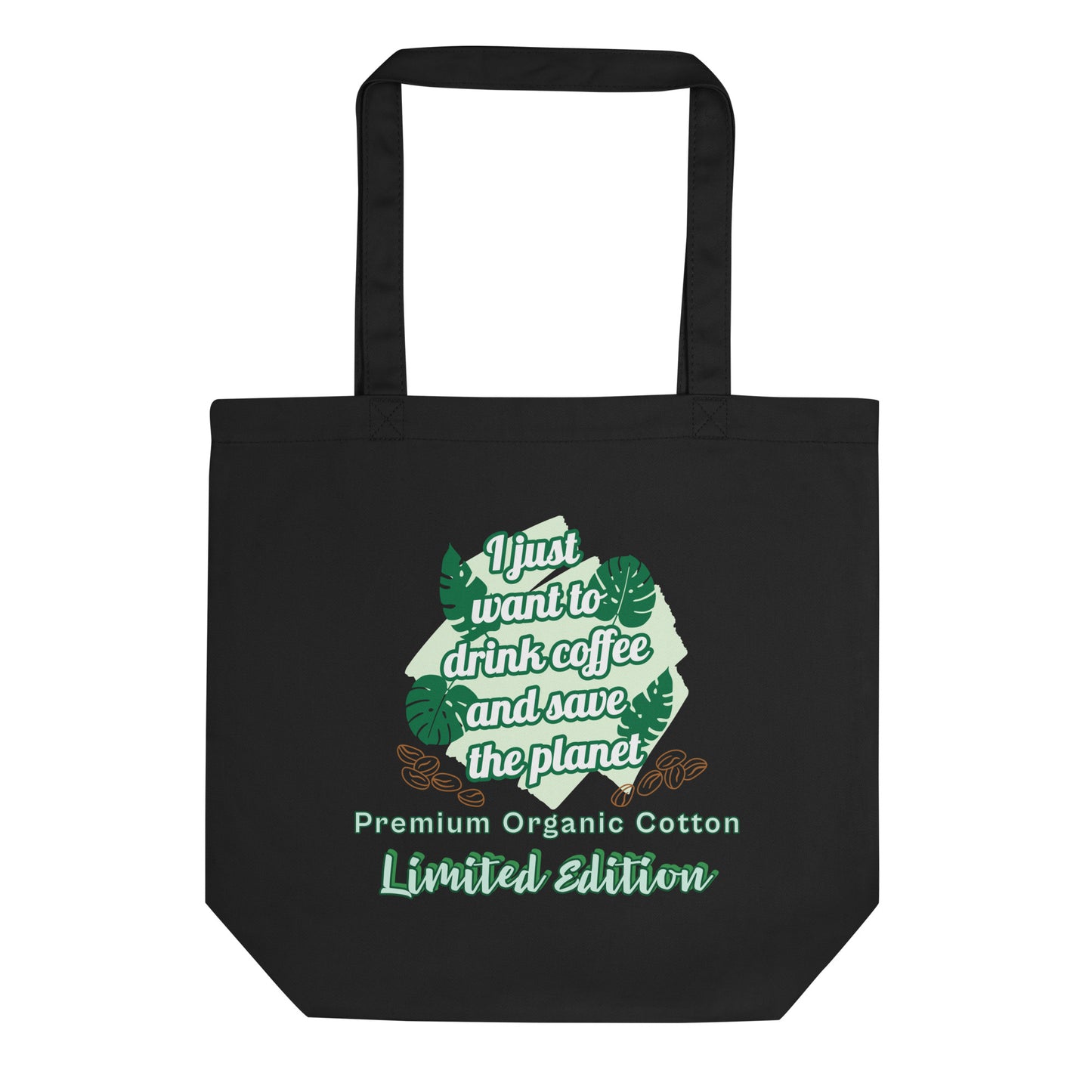 Eco-friendly tote bag black front view with coffee save planet design organic cotton
