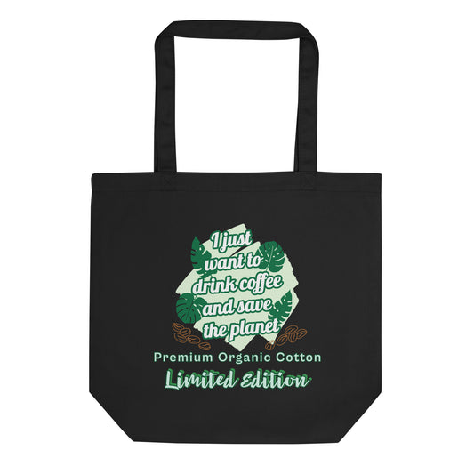 Eco-friendly tote bag black front view with coffee save planet design organic cotton
