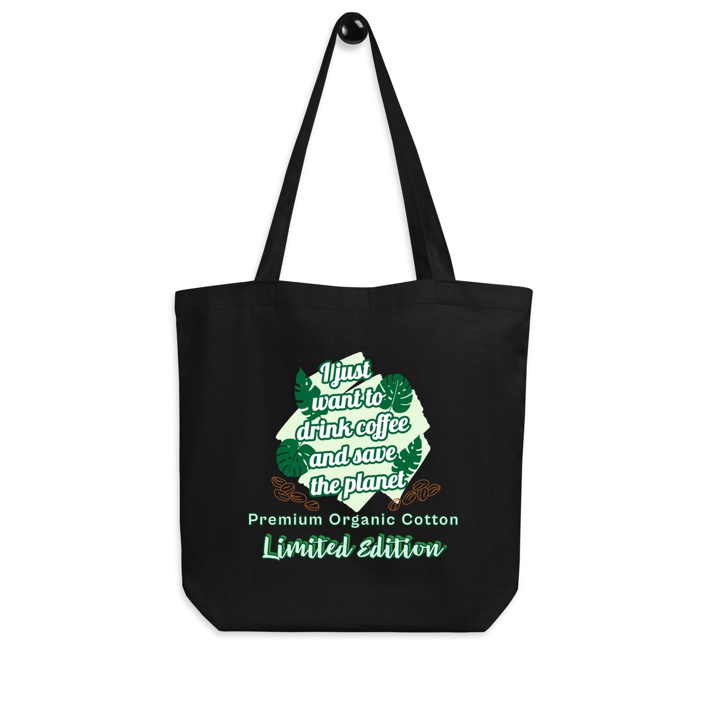 Black coffee tote bag lifestyle shot eco-friendly organic cotton daily use

