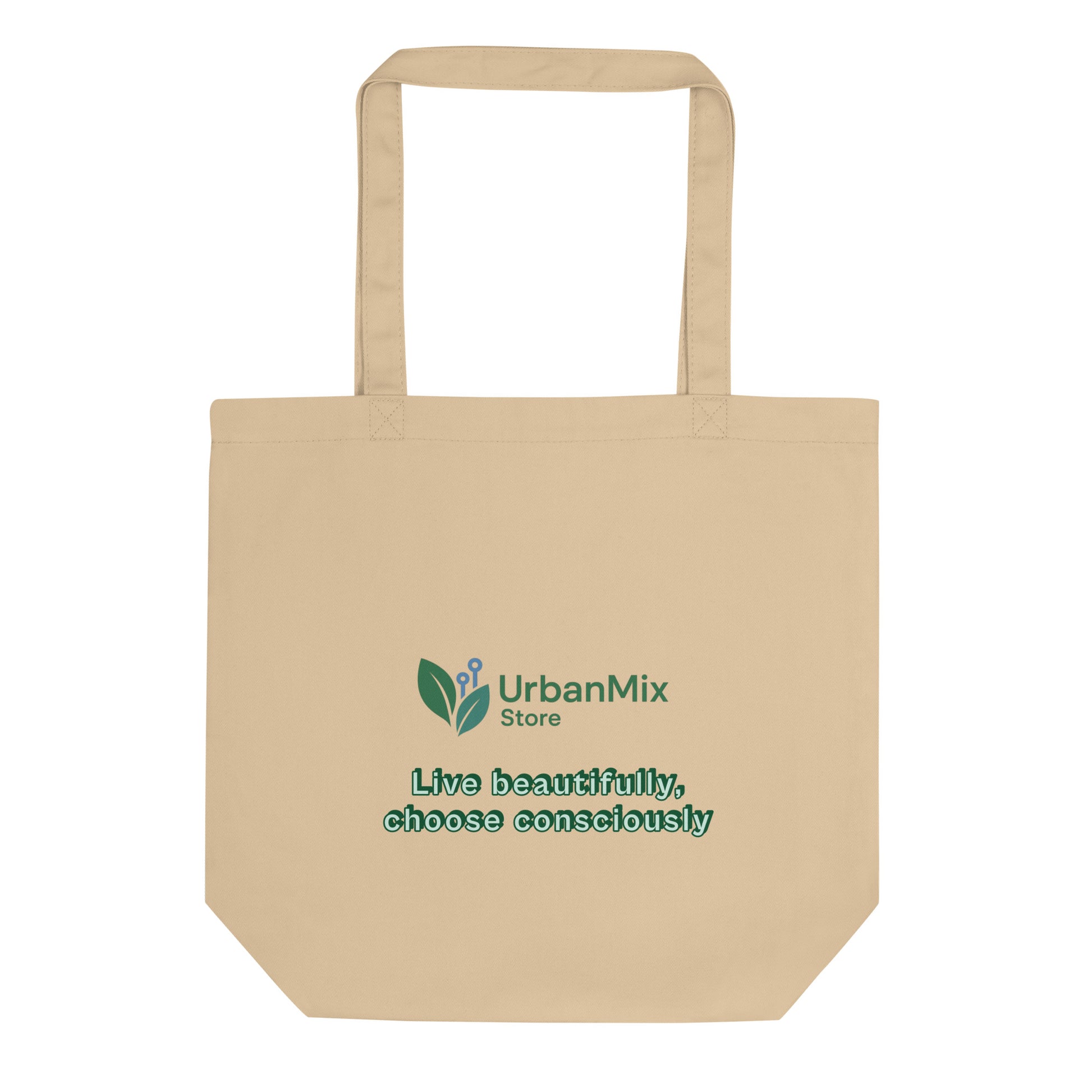 Eco tote bag beige back view with URBAN MIX STORE logo sustainable lifestyle
