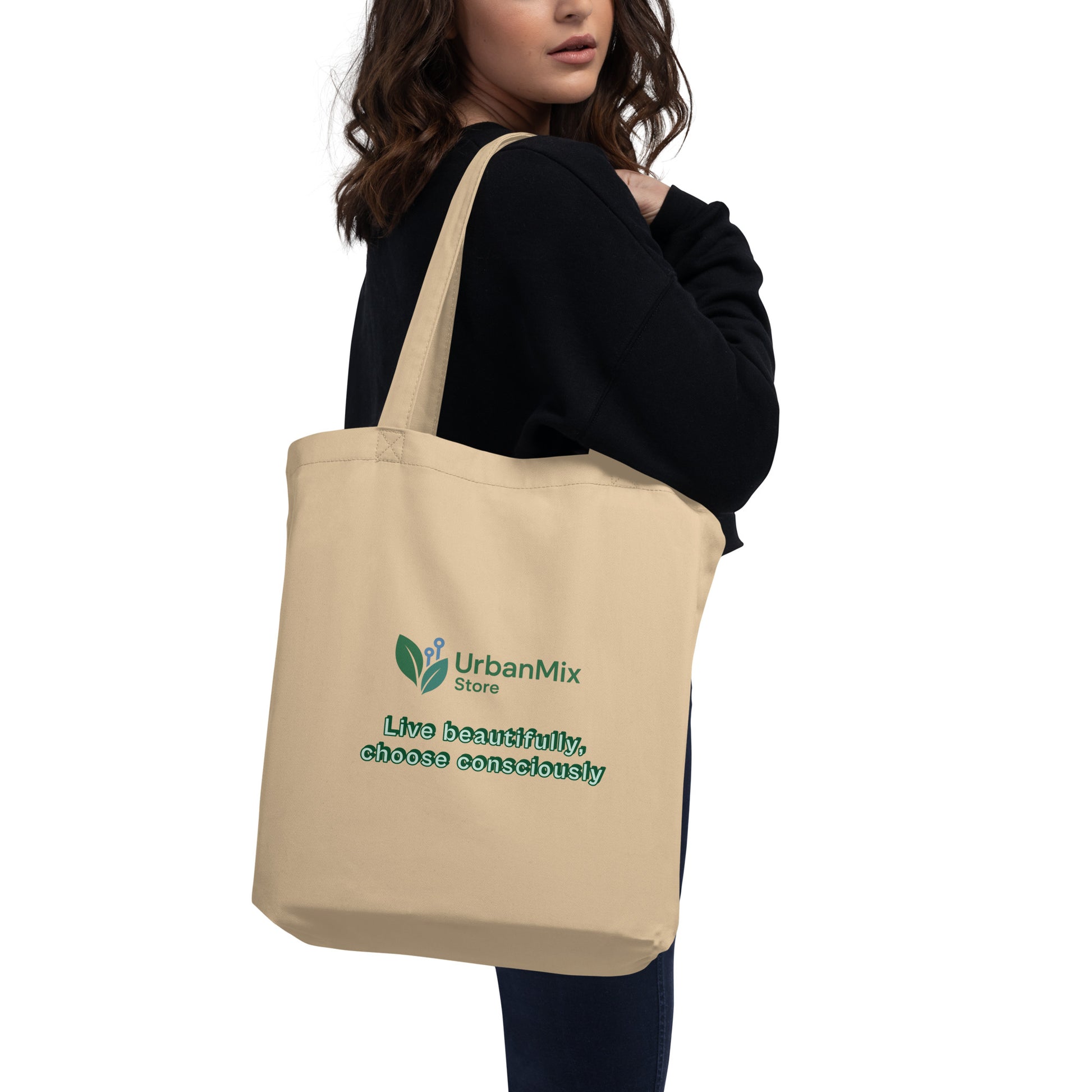 Beige tote bag back view eco-friendly organic cotton URBAN MIX STORE branding

