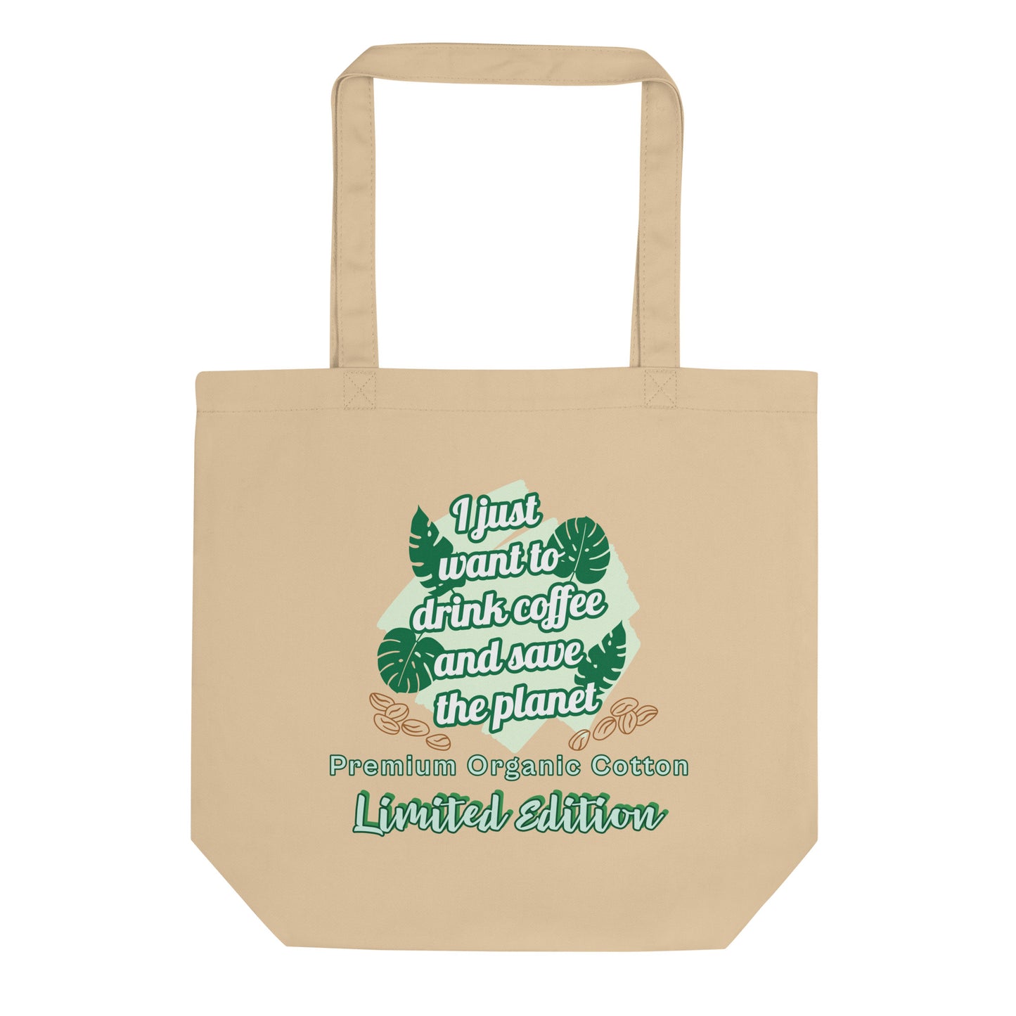 Organic cotton tote bag beige front coffee lover eco-friendly sustainable design
