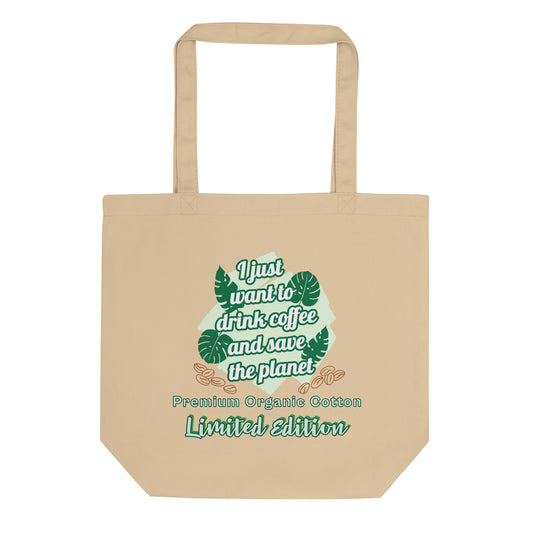 Organic cotton tote bag beige front coffee lover eco-friendly sustainable design
