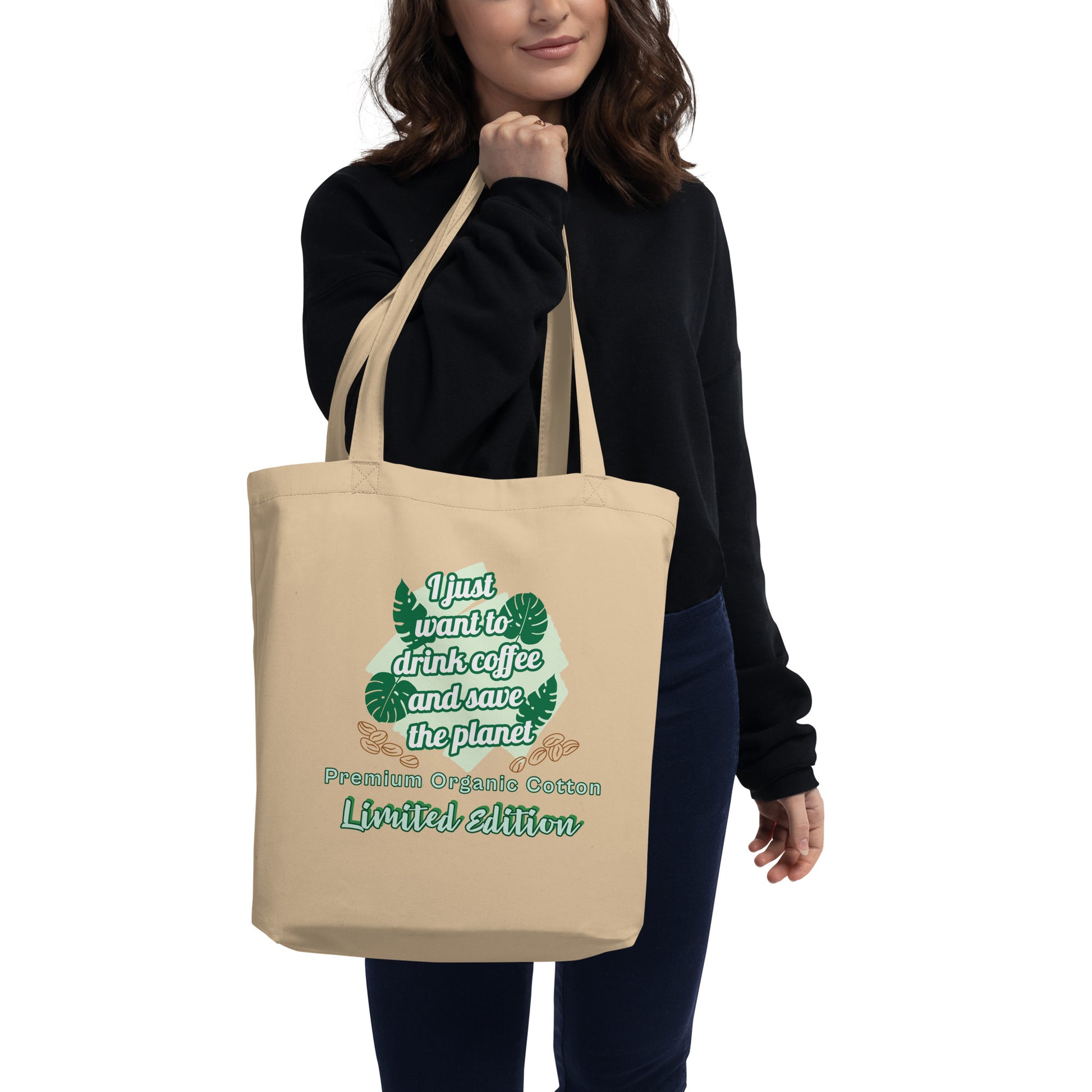 Beige organic cotton tote bag front view drink coffee save planet print
