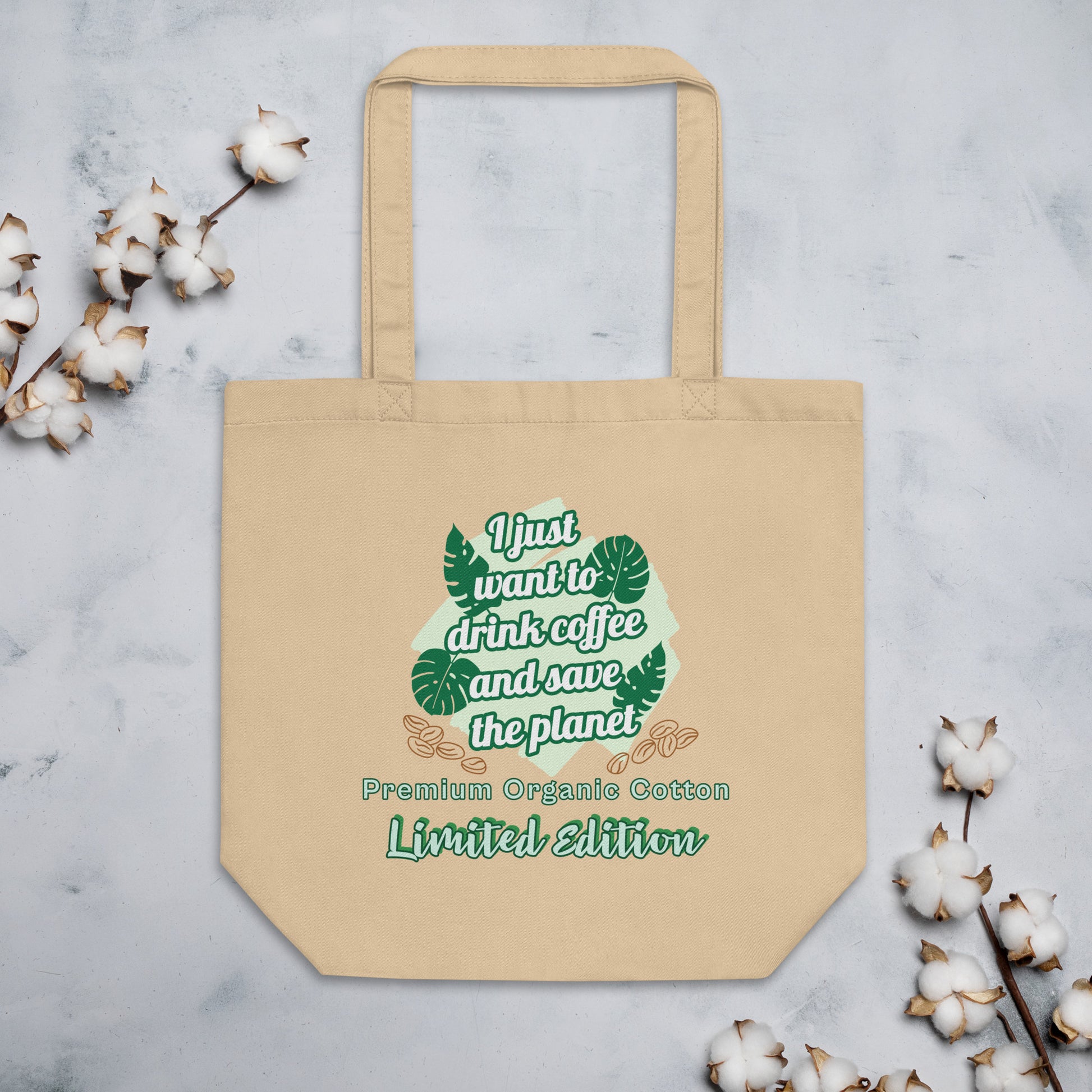 Beige eco tote bag coffee design close-up sustainable organic cotton quality
