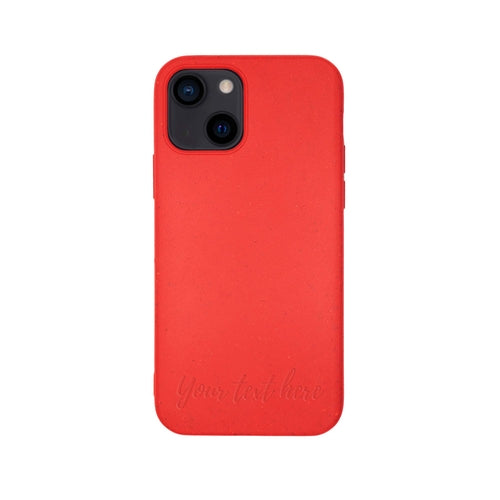 Red biodegradable iPhone 13 Pro Max case vertical text personalization - eco-friendly custom phone cover