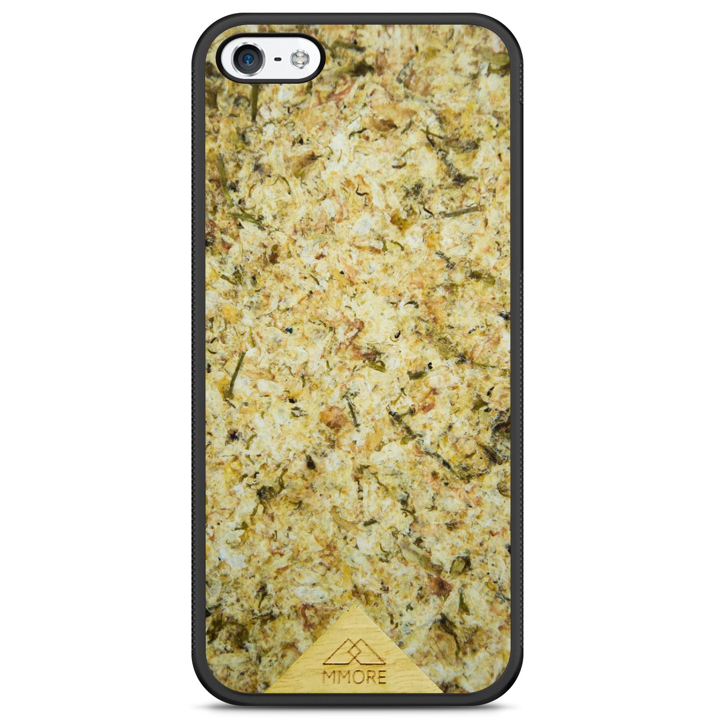 Eco-friendly handmade organic phone case with textured beige and green dried jasmine petals, black border, fits iPhone.