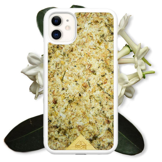 White organic handmade phone case with embedded jasmine flowers, eco-friendly and biodegradable, compatible with various.