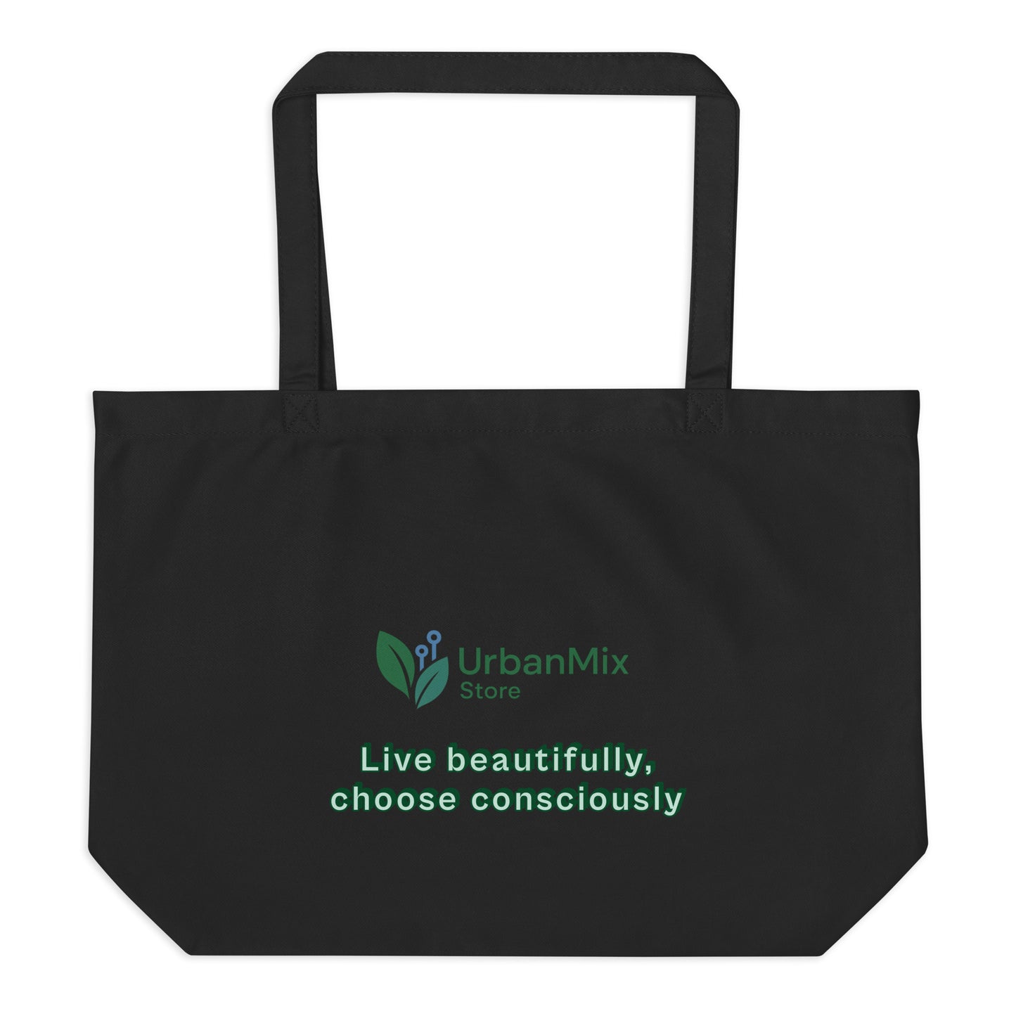URBAN MIX STORE large tote bag black back with live beautifully choose consciously text
