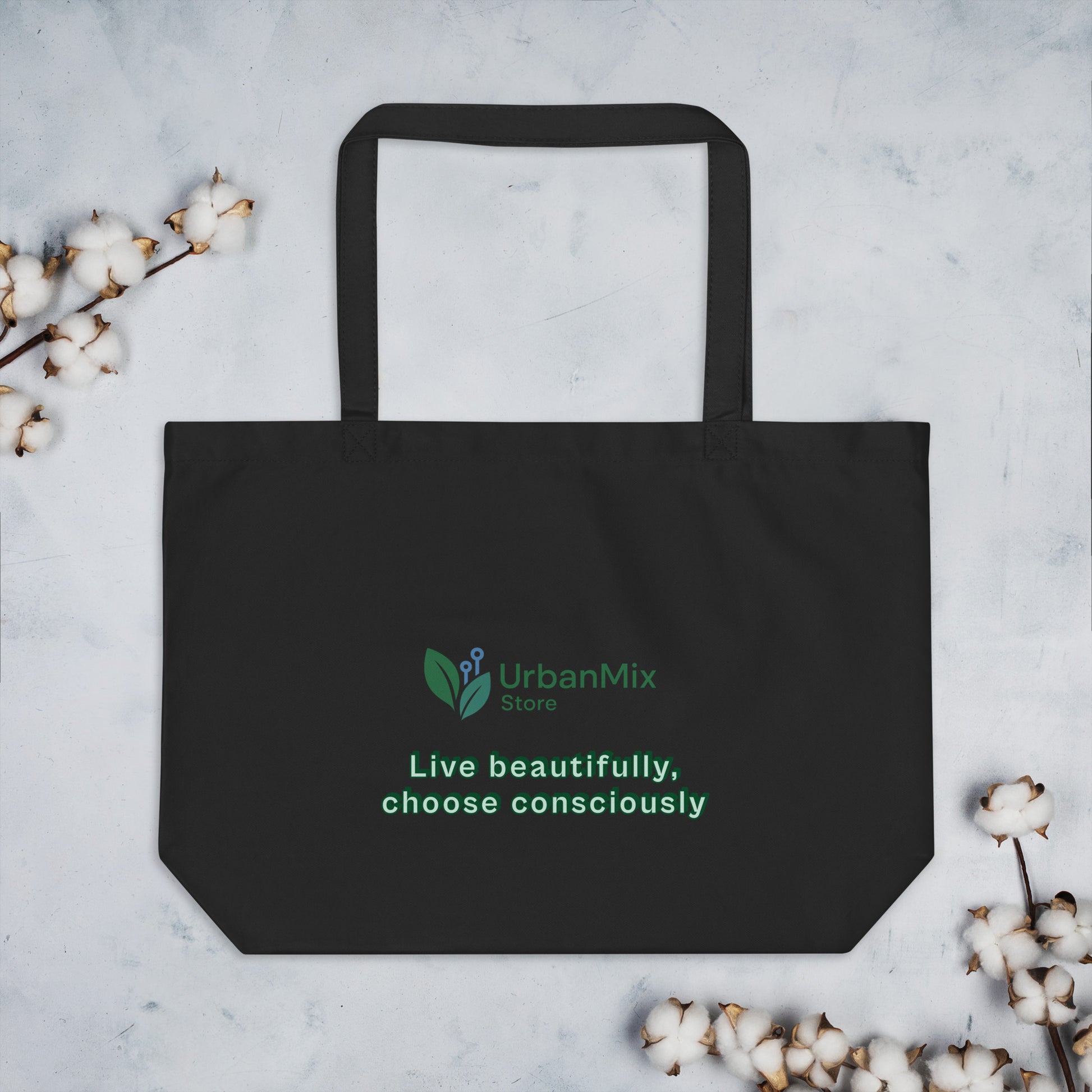Large black organic cotton tote bag back sustainable lifestyle message
