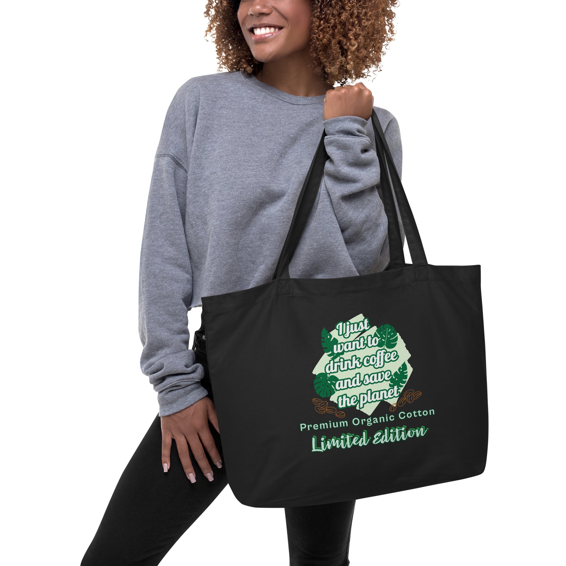 Large black coffee tote bag lifestyle shot eco-friendly organic cotton everyday use
