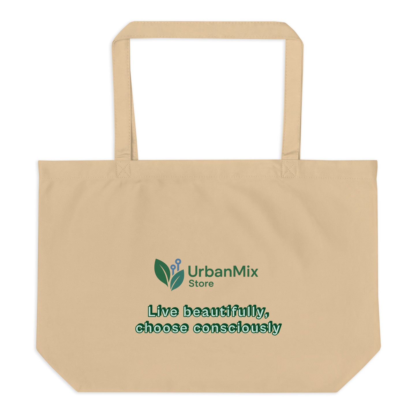Large eco tote bag beige back view with URBAN MIX STORE logo sustainable design

