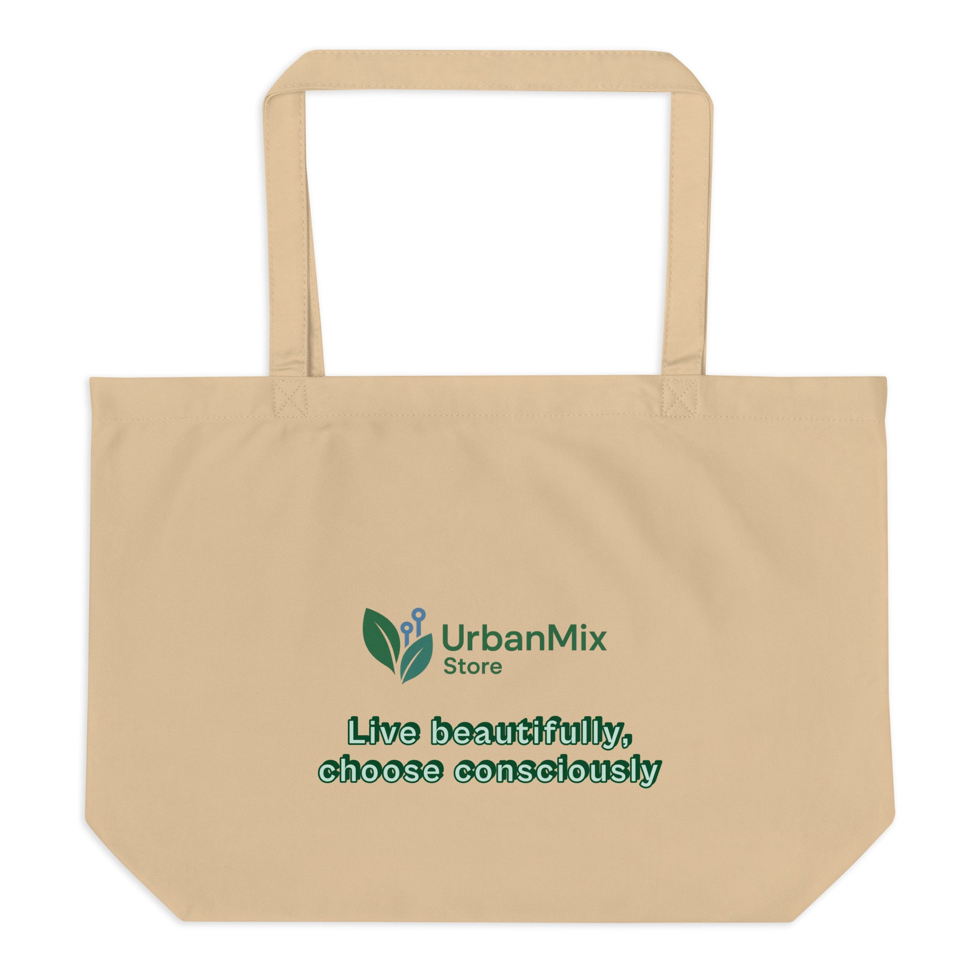 Large eco tote bag beige back view with URBAN MIX STORE logo sustainable design
