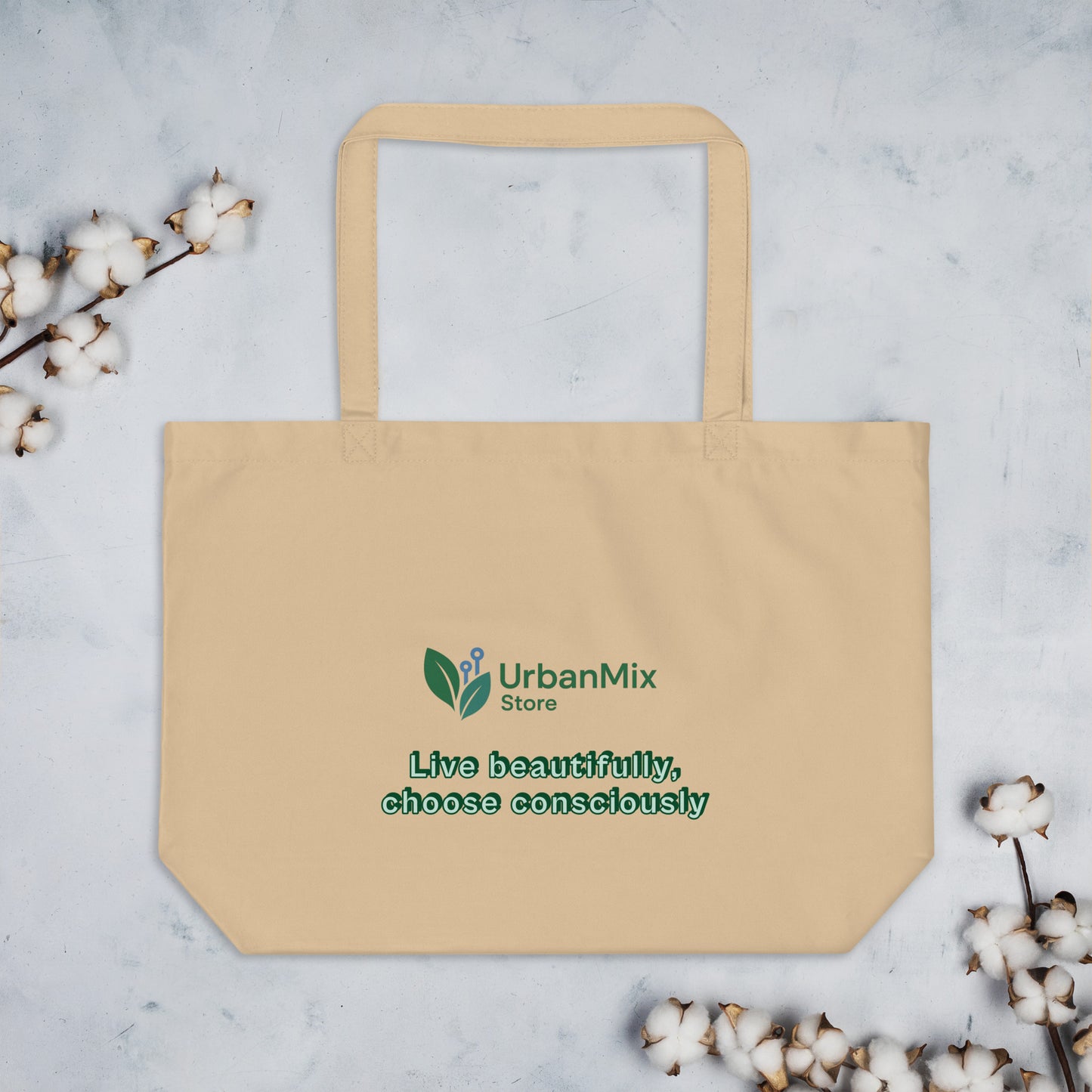 Large beige tote bag back view eco-friendly organic cotton premium quality
