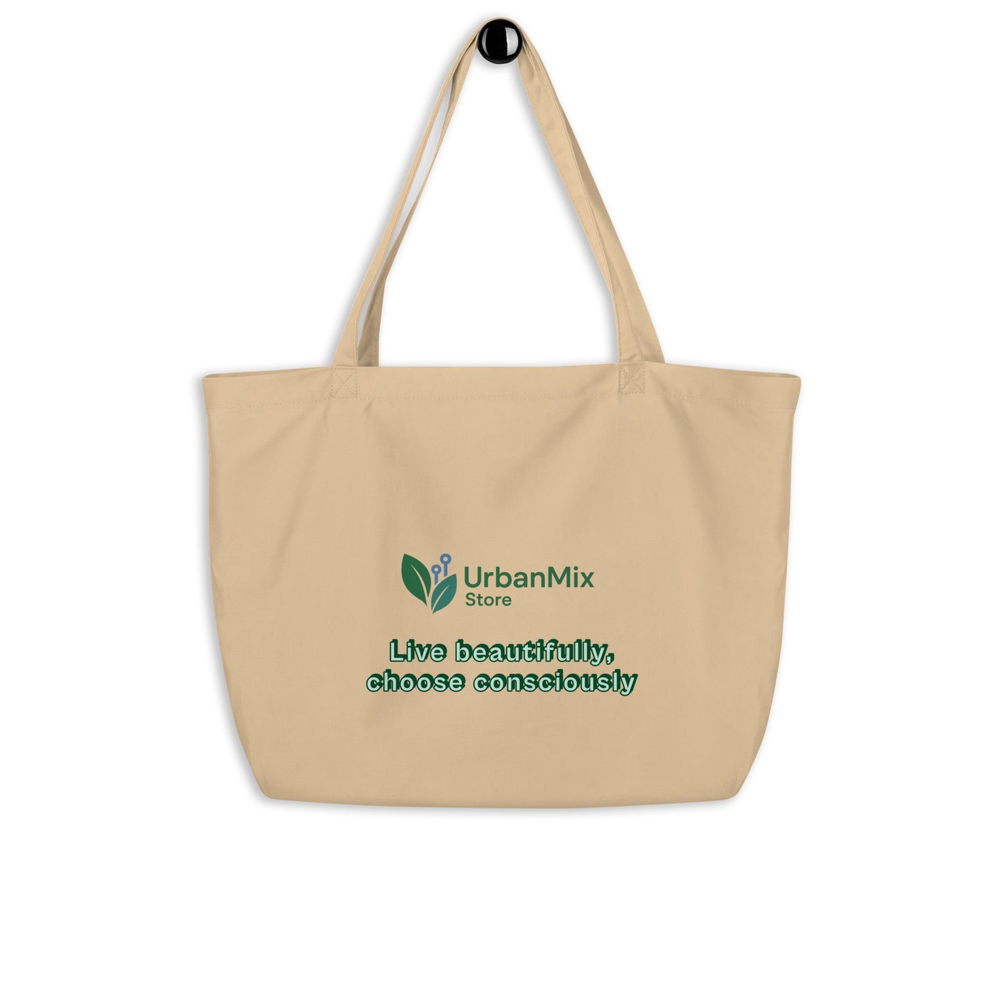 Large beige tote bag back logo detail organic cotton sustainable brand
