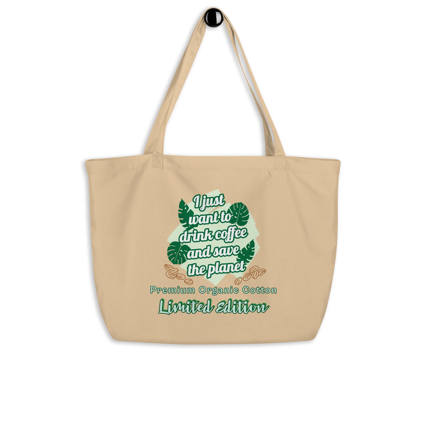 Large beige eco tote bag coffee design close-up sustainable organic cotton
