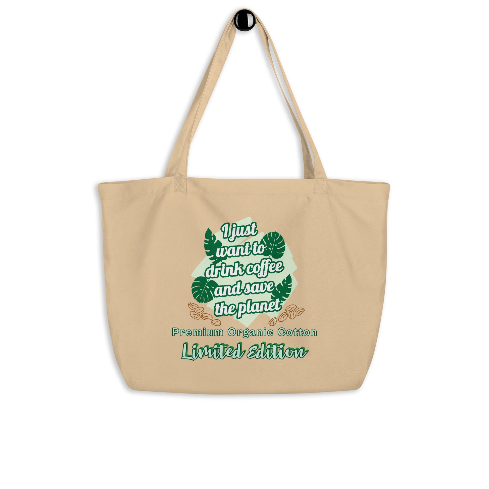 Large beige eco tote bag coffee design close-up sustainable organic cotton
