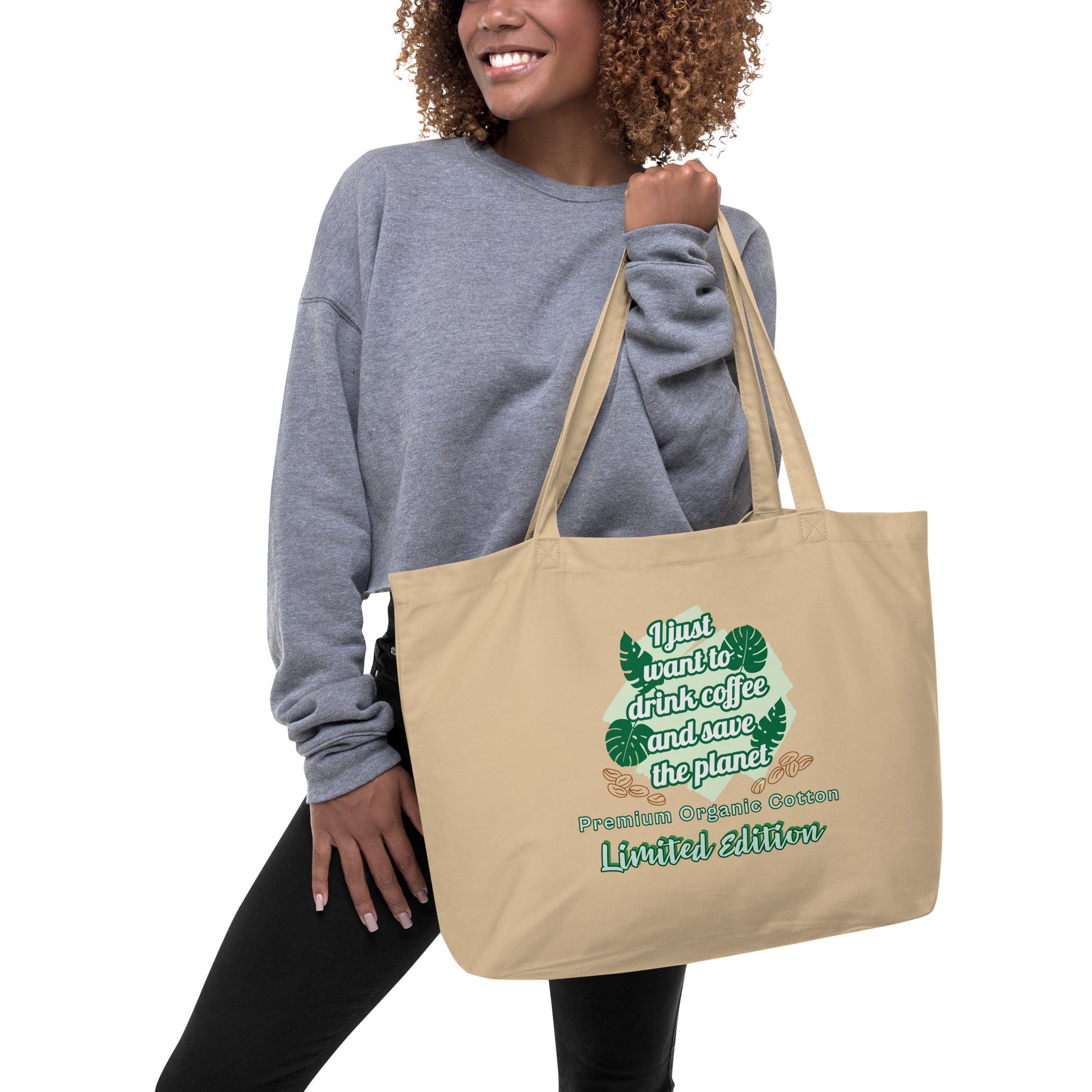 Large beige eco tote bag lifestyle organic cotton sustainable shopping bag
