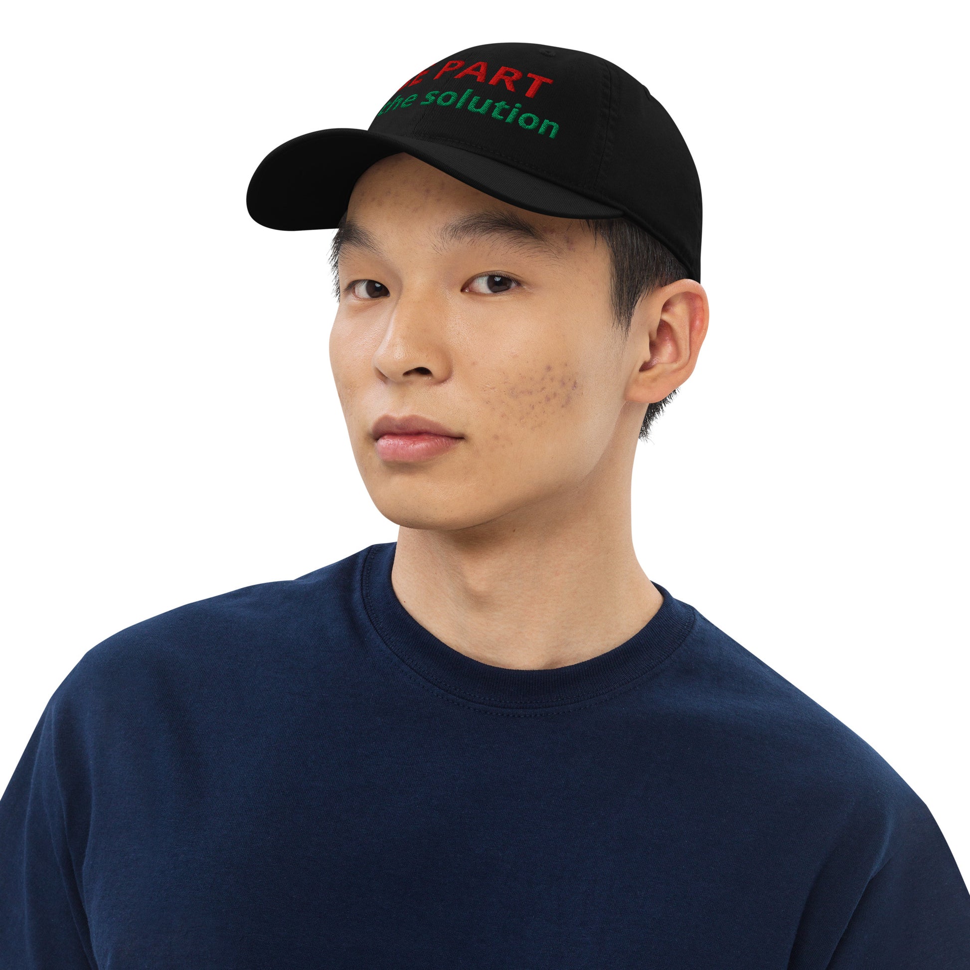 Eco-friendly black baseball cap with embroidered design - front detail