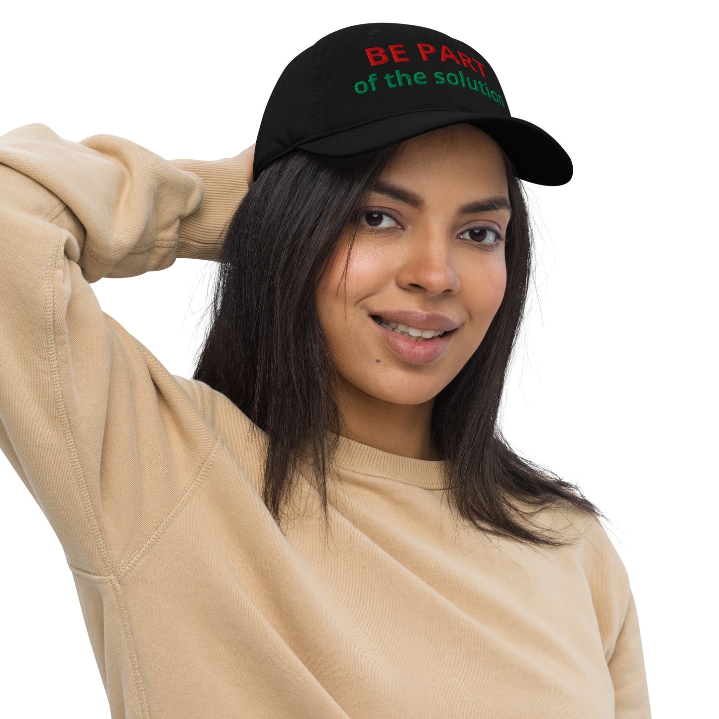 Sustainable black baseball cap - front view on model