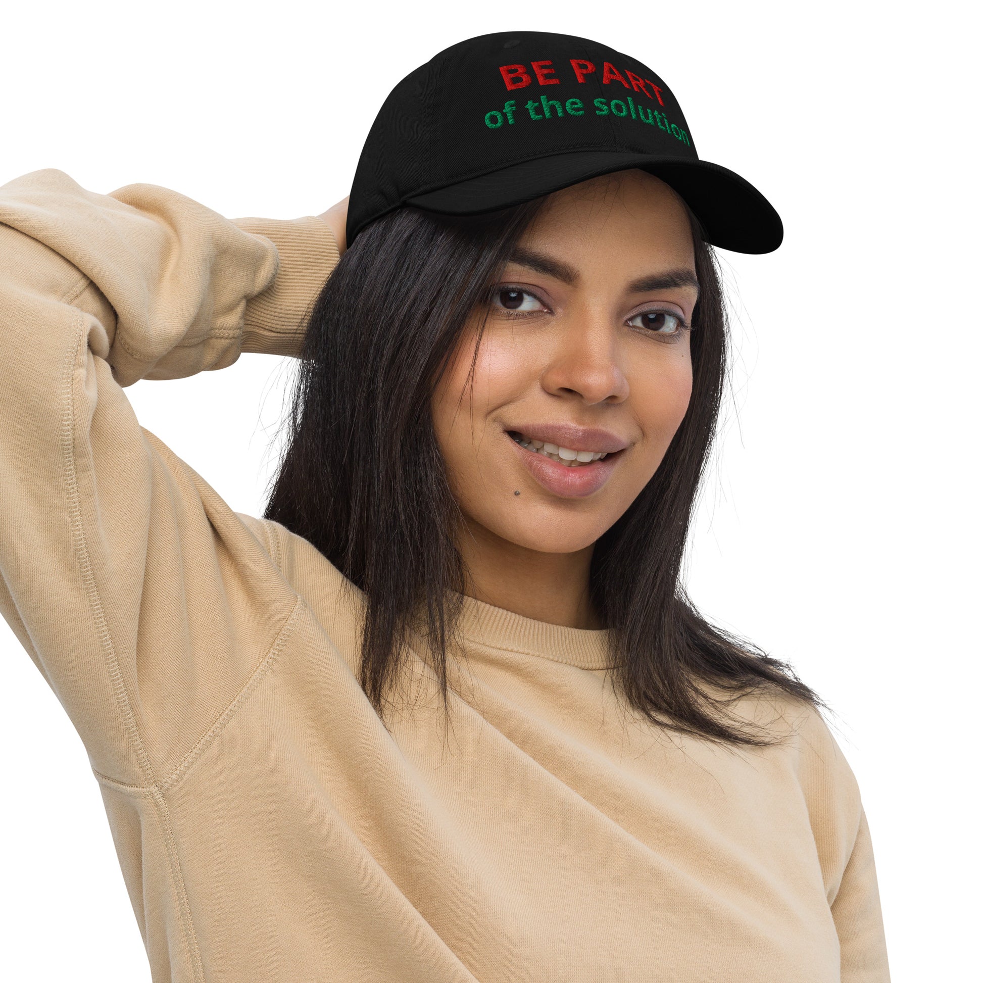 Sustainable black baseball cap - front view on model