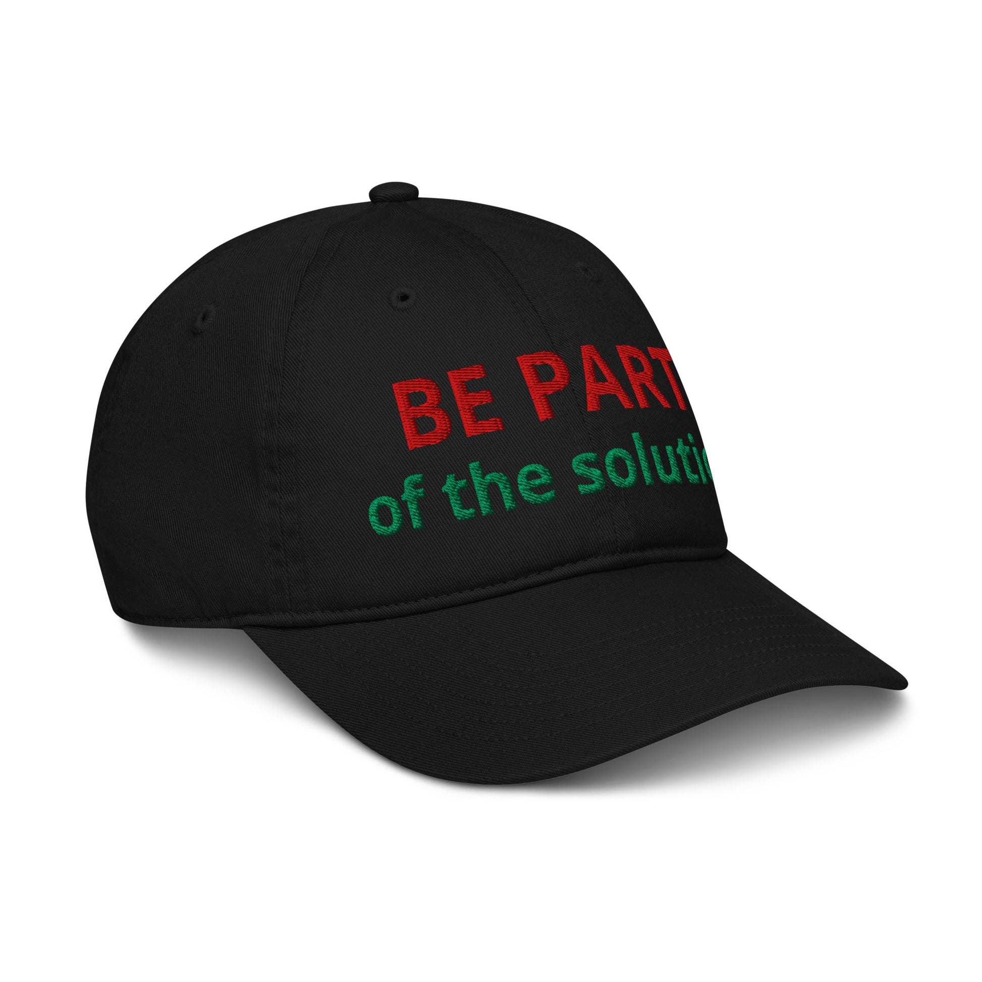 Black organic cotton cap with environmental message - right front angle